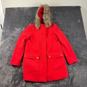 J. Crew Wool Blend Lined Faux Fur Hooded Coat Jacket Pockets Red Women's 4